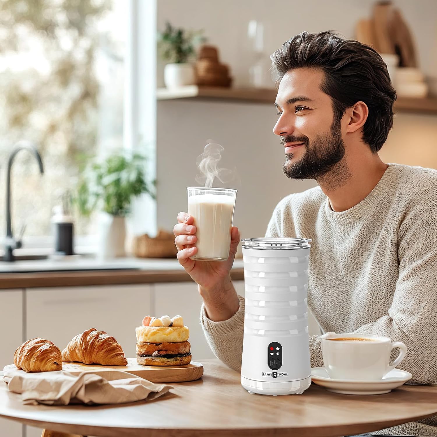 Milk Frother, Paris Rhône 4-in-1 Milk Steamer and Frother, Hot & Cold Foam Milk Warmer with Temperature Control, Auto Shut-Off Frothers for Coffee, Latte, Cappuccino, Macchiato